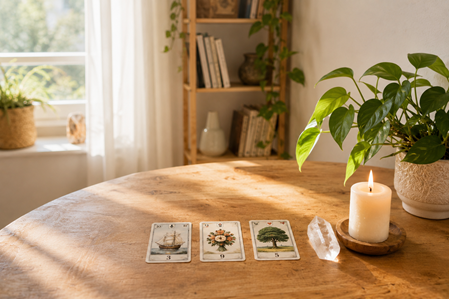Lenormand Karten liegen auf einem Tisch mit Kerze und Kristallen