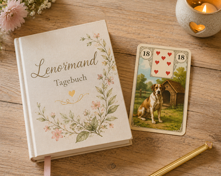 Lenormandkarten Tagebuch und Lenormandkarte 18 der Hund auf einem Tisch