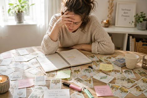 eine Frau sitzt an einem Holztisch , vor sich ein Lernbuch und Notizen, dazwischen jede Menge Lenormandkarten die Dureinader sind, das Bild symbolisiert Chaos und Verwirrung in der Deutung