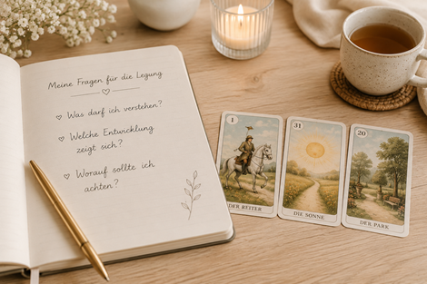 Nahaufnahme eines Journals. Darauf stehen: „Was darf ich verstehen?“ „Welche Entwicklung zeigt sich?“ „Worauf sollte ich achten?“ Daneben: drei Lenormandkarten ordentlich nebeneinander , sanftes beige, ruhige Atmosphäre