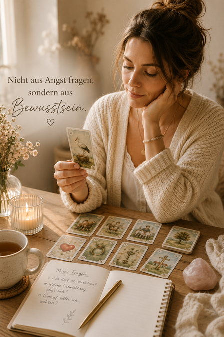 Eine Person sitzt ruhig am Tisch und hält eine Karte in der Hand. Kein dramatischer Gesichtsausdruck. Eher: still reflektierend, ehrlich, emotional ruhig