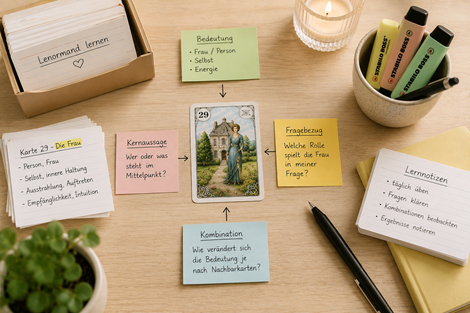 Lenormand Kartenlegen lernen eine Karte auf einem Tisch daneben kleine Zettel mit Deutungen und Bedeutung