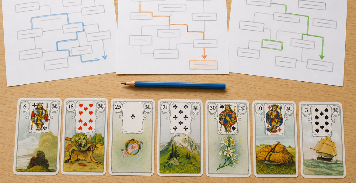 Dieselbe Lenormand-Kartenreihe mit drei unterschiedlich verlaufenden KI-Deutungen