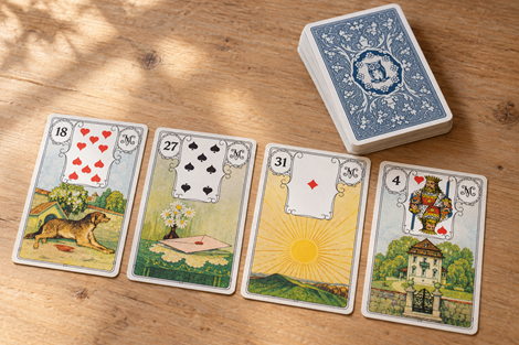 Lenormandkarten Hund, Brief, Sonne und Haus als Beispiele für unterschiedliche Kartenrollen