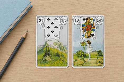 Lenormand-Zwei-Karten-Legung mit Berg und Kind als Reflexionsbeispiel