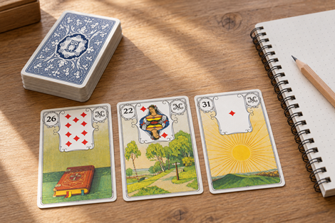 Lenormandkarten Buch, Wege und Sonne mit Kartendeck und Notizbuch auf einem Schreibtisch