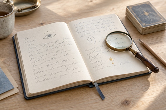 Notizbuch, Lupe und Symbole für das Dokumentieren und Überprüfen medialer Eindrücke